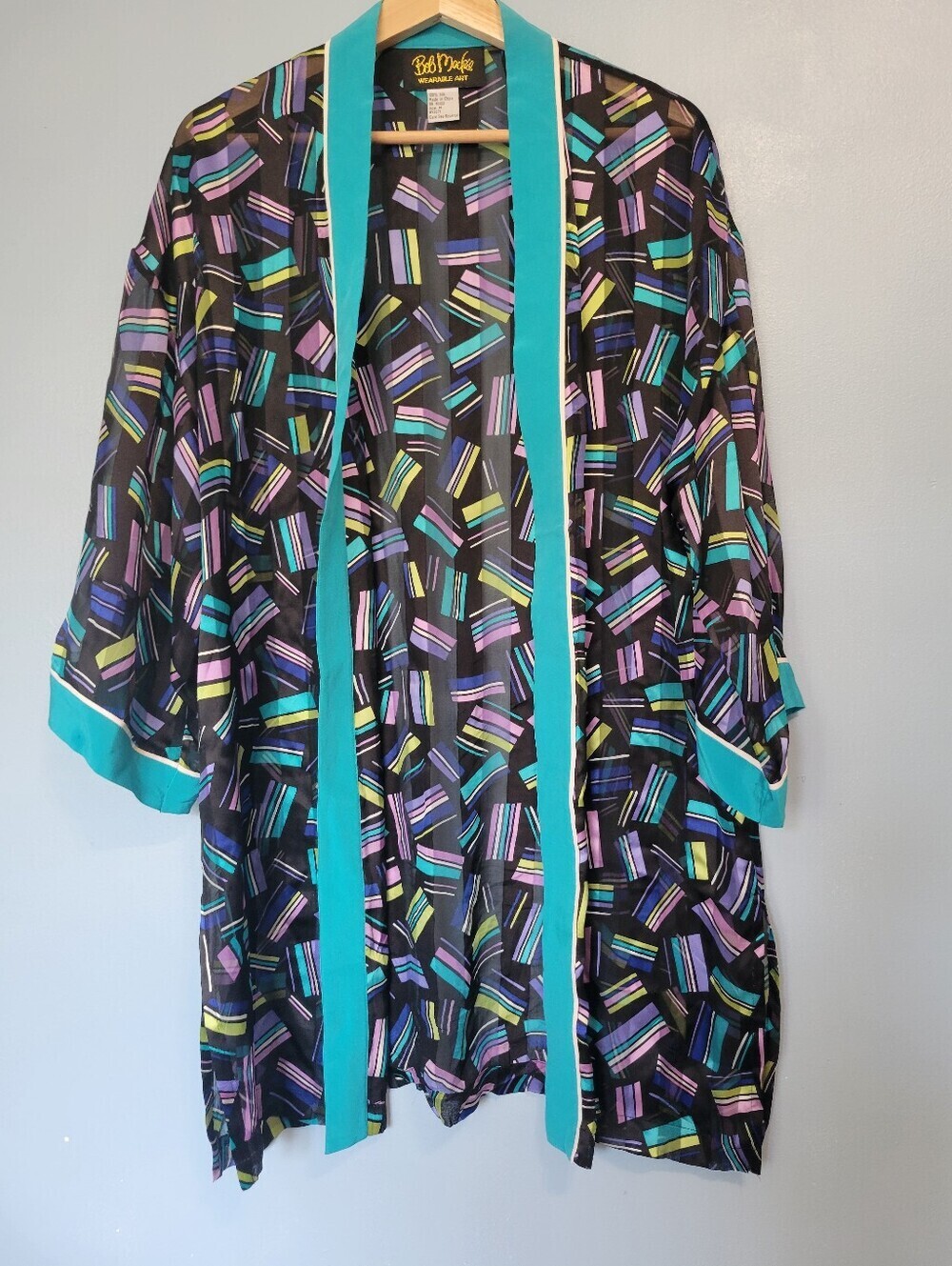 Bob Mackie Wearable Art Silk Geometric Print Kimono Cardigan M